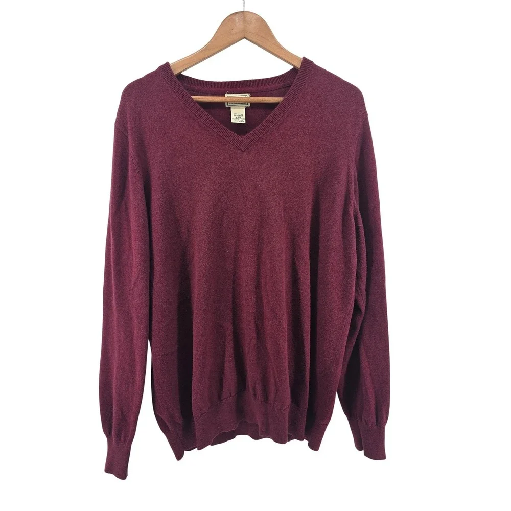 L.L. Bean Sweater Mens L Maroon V-Neck Cotton Cashmere Blend 274603 Long Sleeve